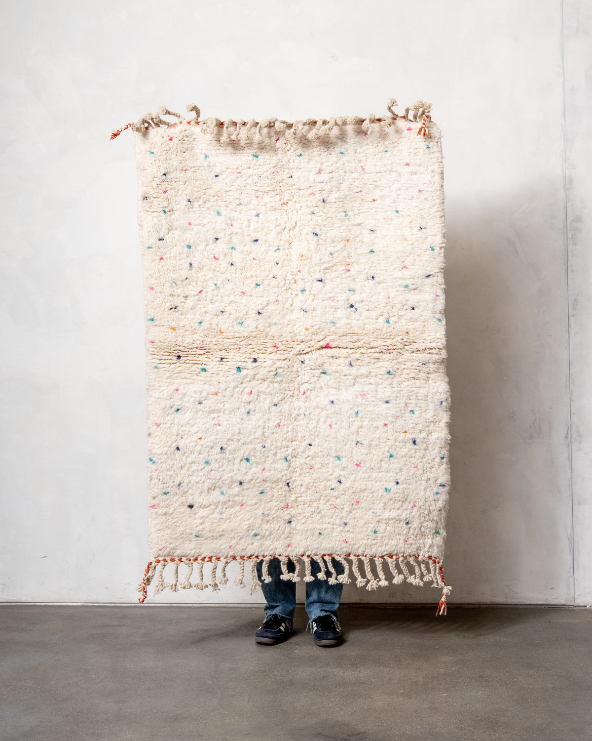 Modern, designer, handcrafted Berber rug from Morocco. Beniourain carpet with beautiful colours and patterns and fluffy wool texture.